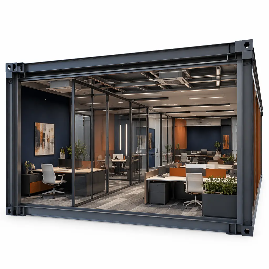 Photorealistic 3D cross-section of modular office module showing flexible workspace layout with glass partitions, integrated ceiling services, modular furniture configurations, and visible module connection joint detailing at floor and ceiling