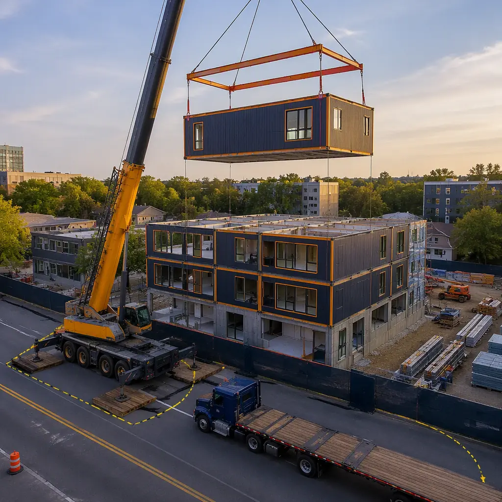 Aerial view of mobile crane lifting large modular building unit, spreader bar visible with four vertical slings connected to corner lifting points, site crew with taglines guiding module rotation, partially completed multi-story modular building with modules already set on lower floors, organized construction site with delivery trucks queued, blue sky, dark navy crane boom, steel orange module frame accents