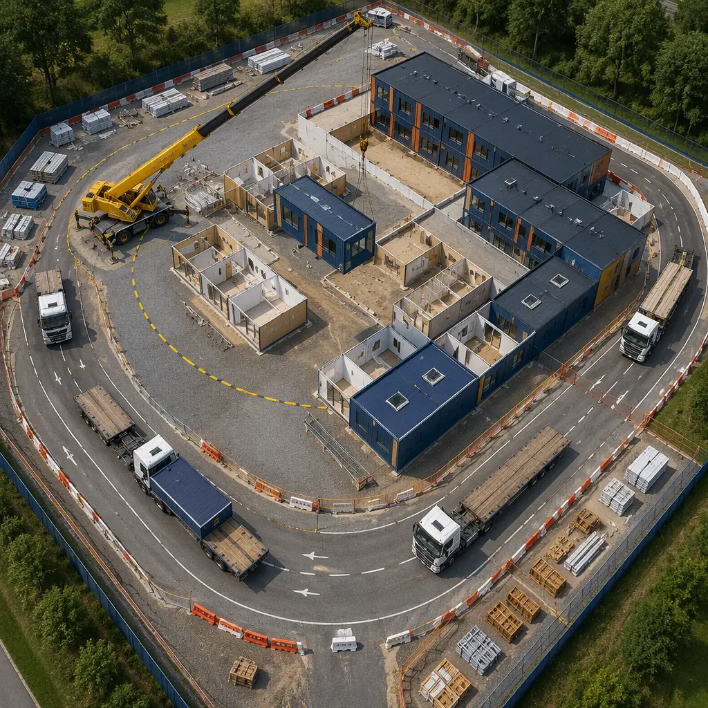 Overhead view of organized modular construction site, mobile crane positioned at curb, flatbed trucks in drive-through loop, modules being set in farthest-corner-first sequence, connection crew with impact wrenches on recently set module, site layout with marked truck route and crane swing radius zone, prefabricated building modules visible on lower floors, professional construction site management, navy and orange safety barriers and equipment