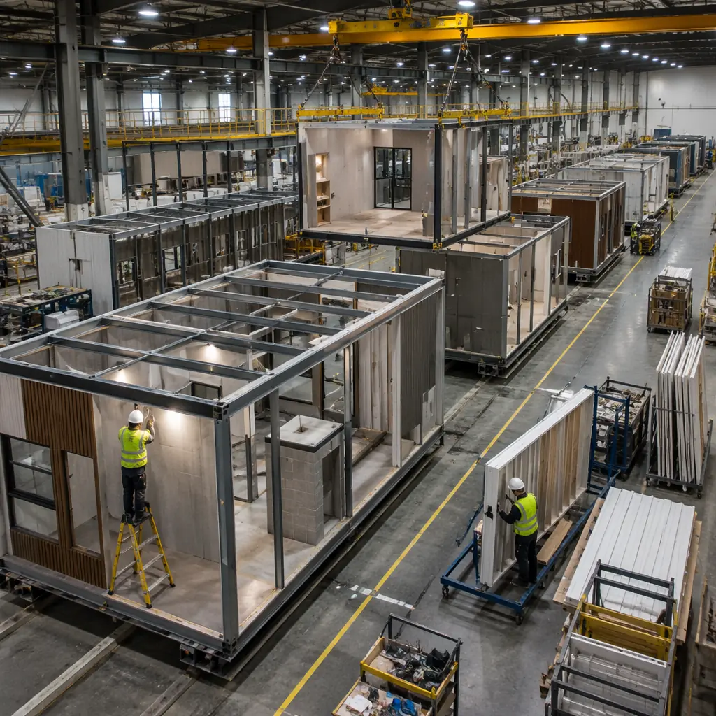 Modular construction factory floor, workers customizing steel frame module interior with non-standard layout, varied wall configurations visible across different modules on assembly line, specialized finishes being installed, overhead crane moving custom module to next production station