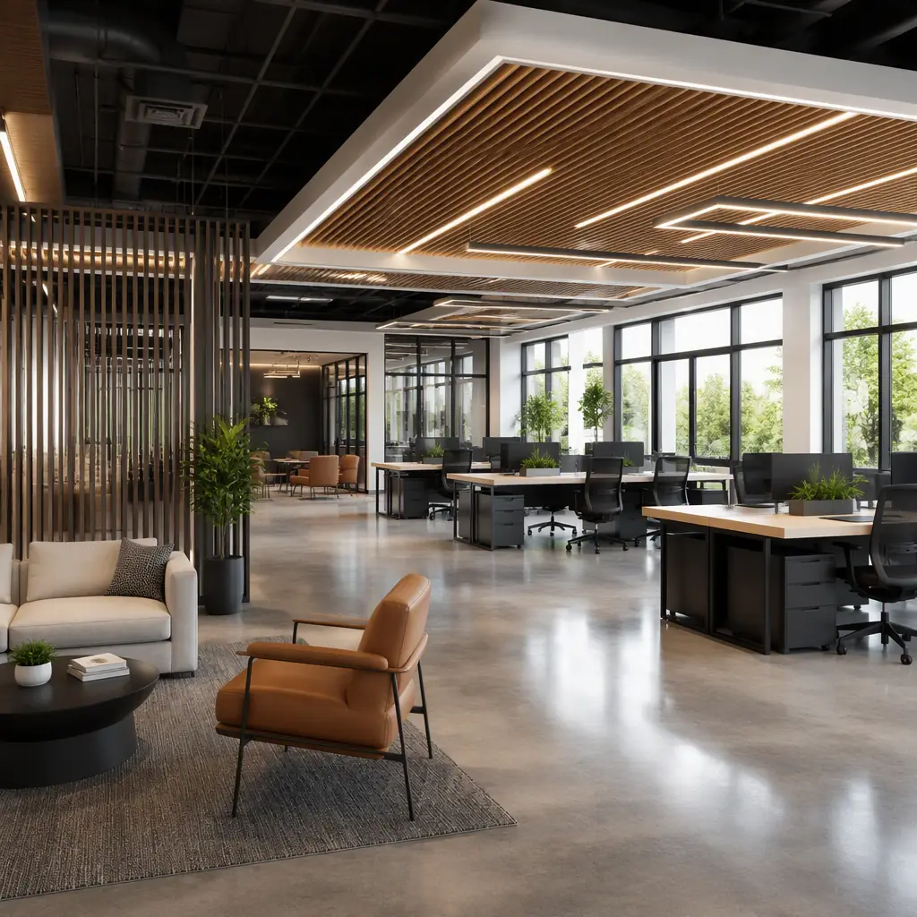 Interior of custom modular commercial building showing high-end finished space, open-plan office with distinctive architectural ceiling treatment, factory-installed finishes with seamless module-to-module joints invisible, large windows, modern lighting, demonstrating that modular construction achieves premium interior quality