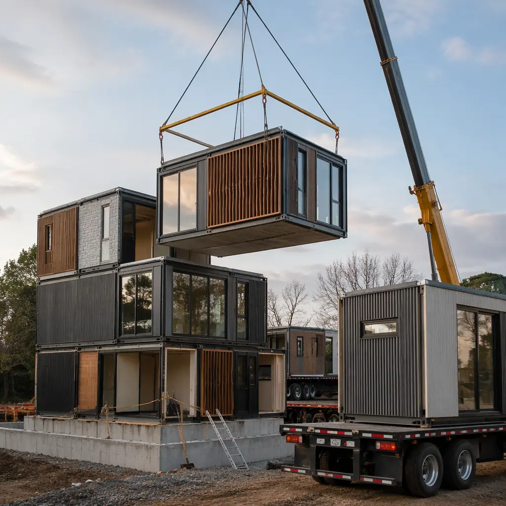 Construction site for custom modular building, crane lifting distinctive architecturally-designed module with unique facade treatment onto foundation, modules with varied cladding systems staged on flatbed trucks, site crew managing rigging, partially completed building showing custom architectural expression through module assembly