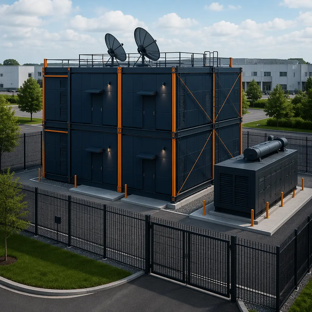 Compact edge data center facility built from prefabricated modular units, 4-module configuration in suburban industrial park, satellite dishes and generator adjacent, clean modern prefab architecture, steel frame grid pattern