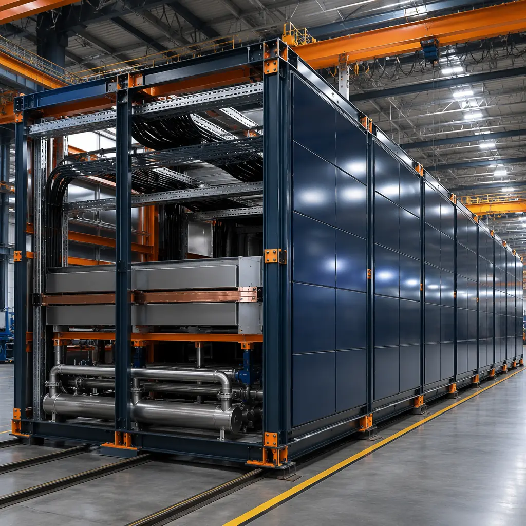 Factory assembly line for modular data center units, steel frame structure with cable tray pathways visible, cooling pipe rough-in installed, prefabricated modules on factory floor nearing completion