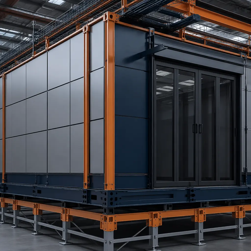 Modular data center module in factory nearing completion, cable trays and busway pathways visible along ceiling, cooling pipe headers pre-installed, raised floor framework in place, steel frame structure with clean industrial finish