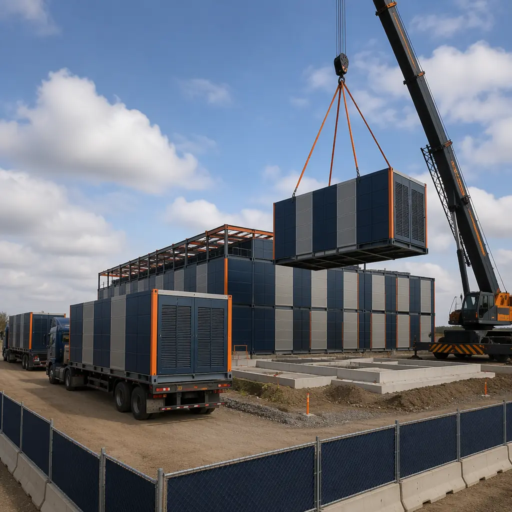 Modular data center modules arriving on flatbed trucks at construction site, crane lifting a module onto prepared foundation, multiple modules already positioned, steel frame structure visible, grid pattern facade