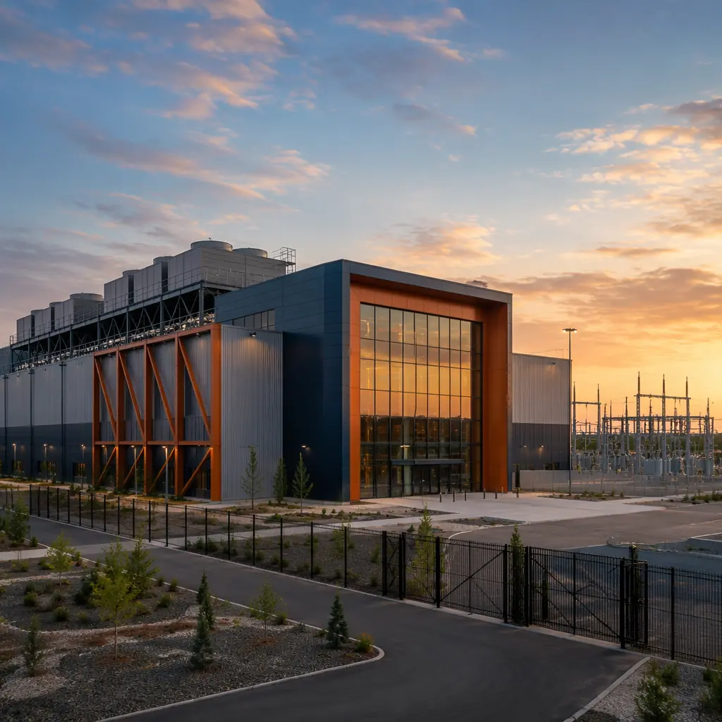 Completed modern modular data center facility exterior, steel-framed prefabricated data hall building with clean geometric facade, cooling infrastructure and power substation visible, operational data center campus with dark navy architectural accents and warm steel orange structural details, professional industrial architecture photography