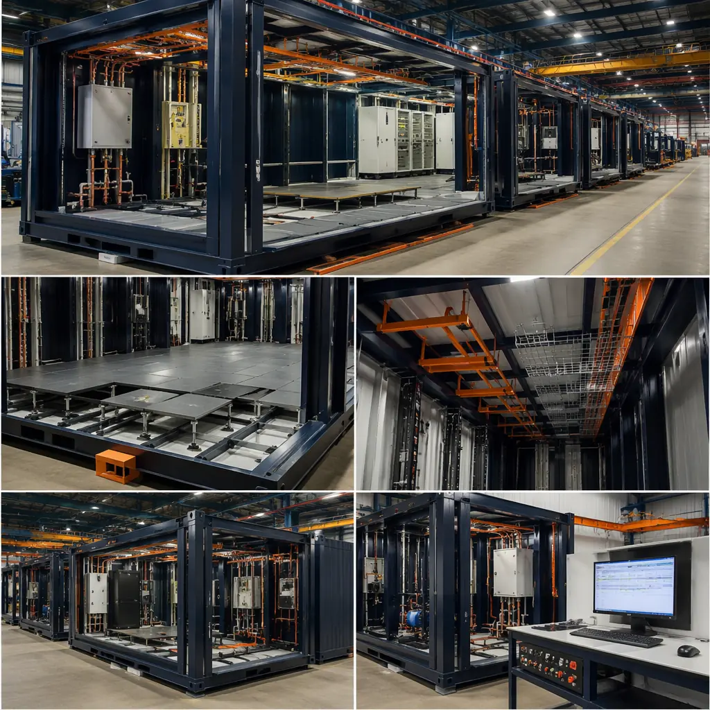 Factory assembly line for modular prefabricated data center units, steel-framed data hall modules with pre-installed cooling and power distribution systems, workers installing electrical busway and containment systems in controlled factory environment, completed modules with raised floor and overhead cable tray visible
