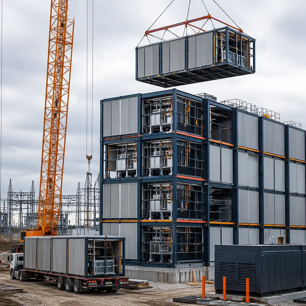 Modular prefabricated data center building under construction, steel-framed factory-assembled data hall modules being craned into position, clean geometric facade with module seams visible, modern data center campus with cooling infrastructure and power distribution systems, dark navy structural steel with warm steel orange accents