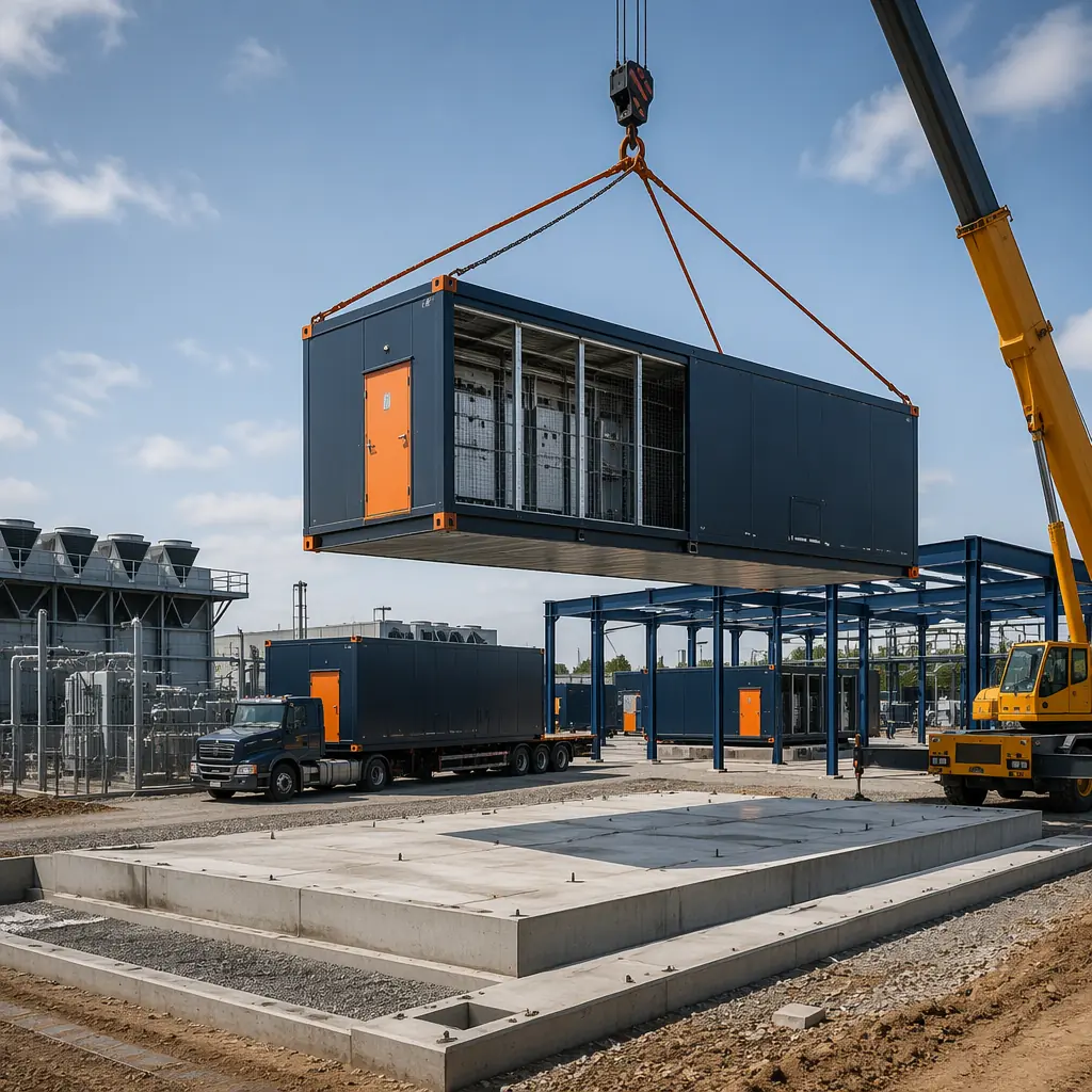 Crane lifting modular data center unit onto prepared foundation at data center campus, steel-framed prefabricated data hall module being positioned, construction site with additional modules arriving on flatbed trucks, power substation and cooling infrastructure visible on site, clean geometric industrial building design