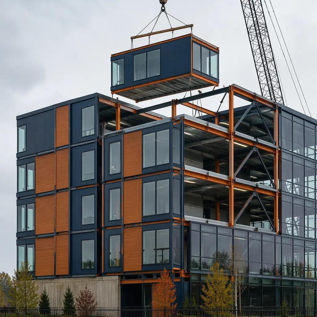 Modern modular multi-story building with varied facade treatments including wood composite, metal panels and glass curtain wall, demonstrating design flexibility