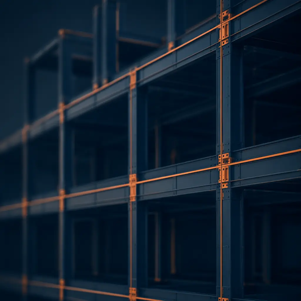 Abstract grid pattern representing modular building structure with navy and steel orange accent lines