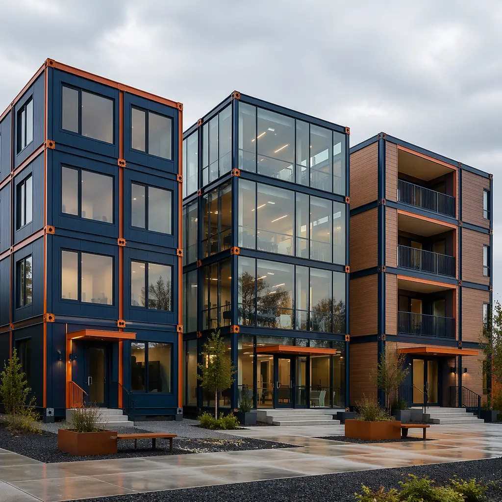 Three modular buildings side by side with completely different exteriors &mdash; dark panel, glass curtain wall, and wood cladding &mdash; all sharing the same modular frame system