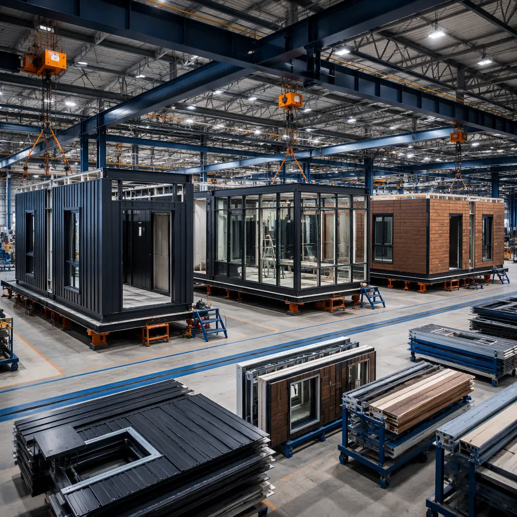 Factory floor with three modular building units under construction showing different cladding options &mdash; metal panel, glass curtain wall, and composite wood