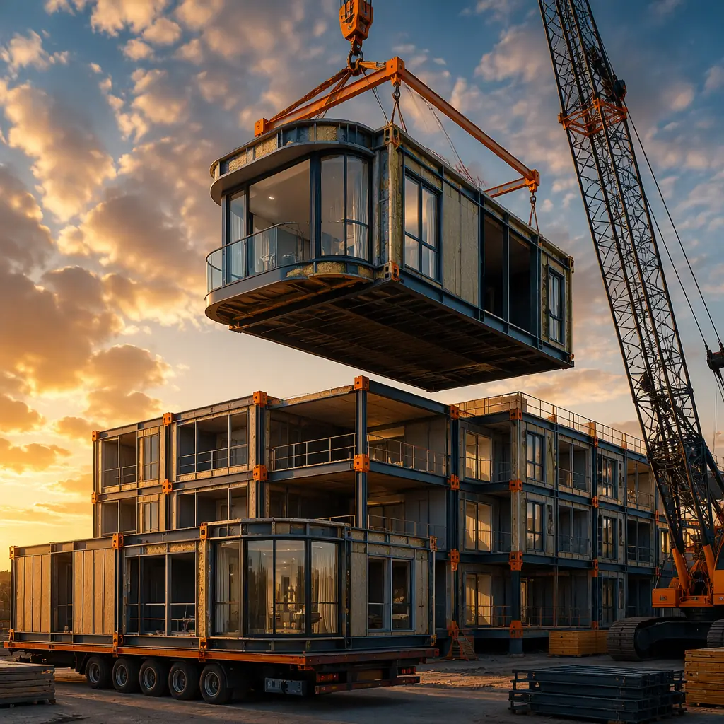 Crane lifting a uniquely designed corner modular unit with curved glass feature and integrated balcony onto a multi-story building &mdash; demonstrating architectural customization