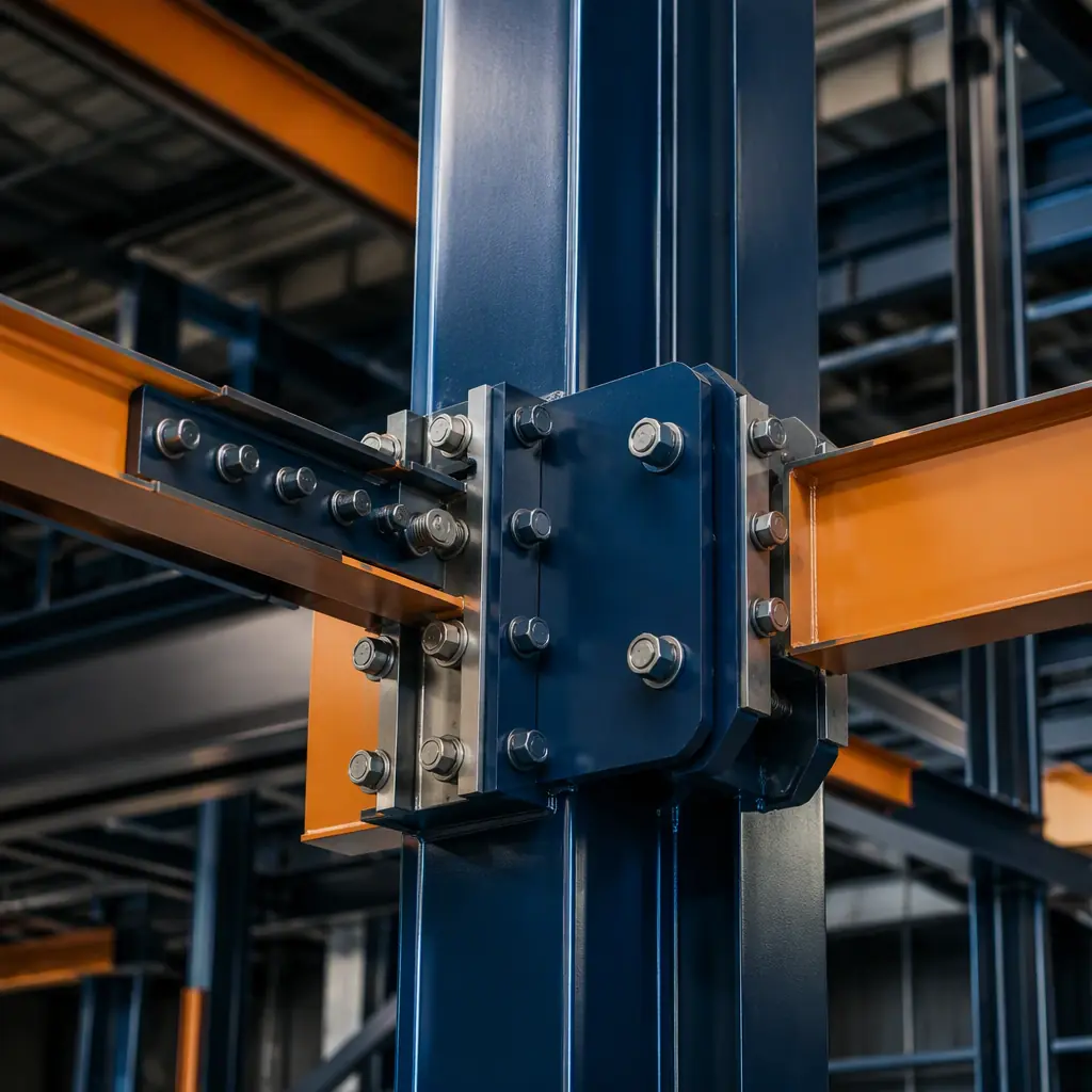 Close-up macro photo of bolted structural connection between two steel frame modular building units, high-strength bolts at module corner casting with torque marking visible, mechanical connection designed for reversibility, factory-assembled modules with pre-installed insulation and weather barrier at joint, clean geometric steel structure, dark navy painted steel with warm steel orange bolt head markings, industrial precision photography