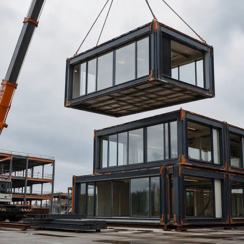 Aerial view of modular prefabricated building showing modules being craned off existing structure for relocation, building being systematically disassembled with individual modules lifted by crane onto flatbed trucks, clean deconstruction process with factory-assembled modules maintaining their integrity during removal, climate-resilient prefab design with steel frame structure visible at module seams, dark navy structural elements with warm steel orange accents on module corner connections, professional photography