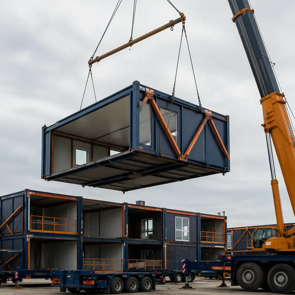Factory floor of modular prefabricated construction facility showing completed steel frame modules on assembly line with bolted mechanical connections visible at corner castings, modules designed for reversible assembly and disassembly, clean industrial environment with overhead cranes, standardized components on production jig, dark navy structural steel with warm steel orange connection details, modules with pre-installed windows and insulated wall panels ready for transport
