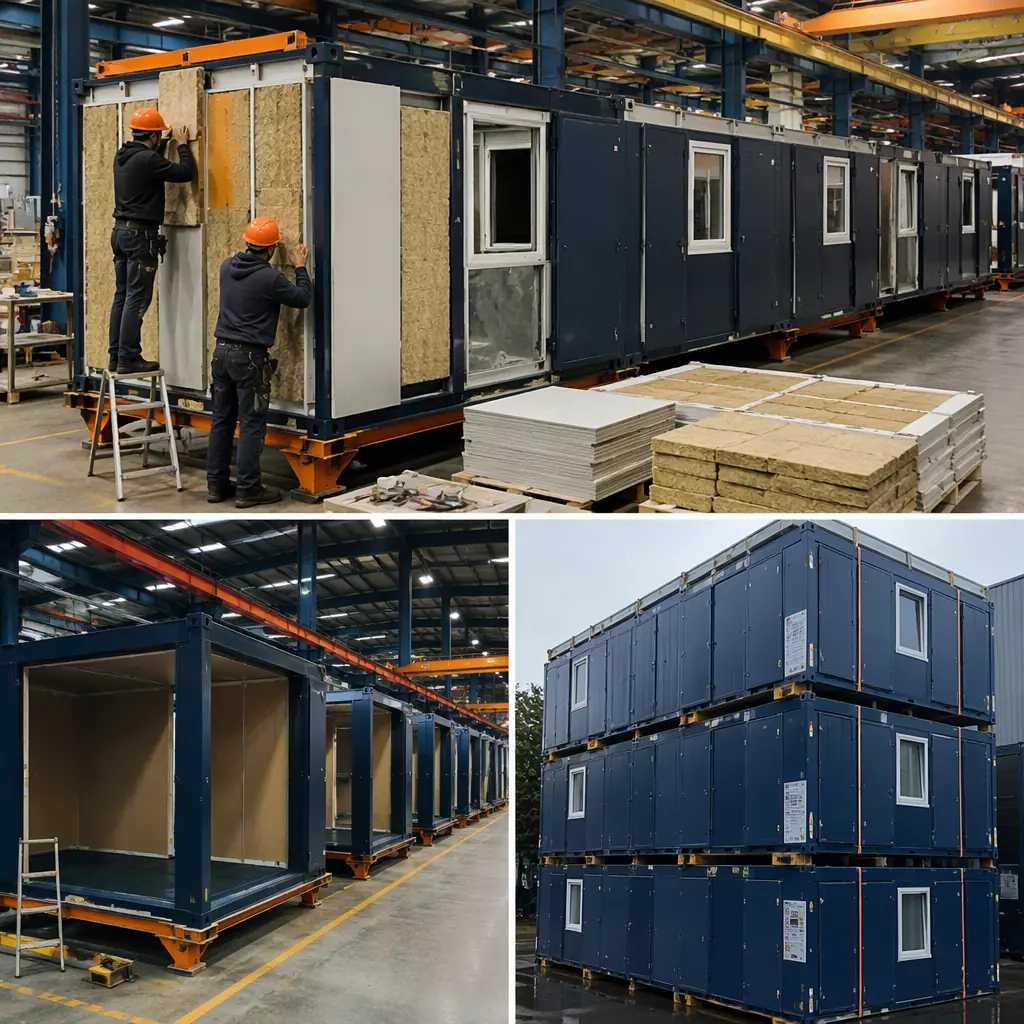 Factory assembly line for modular prefabricated emergency housing units, steel frame modules at various stages of completion, workers installing wall panels with insulation, industrial factory setting