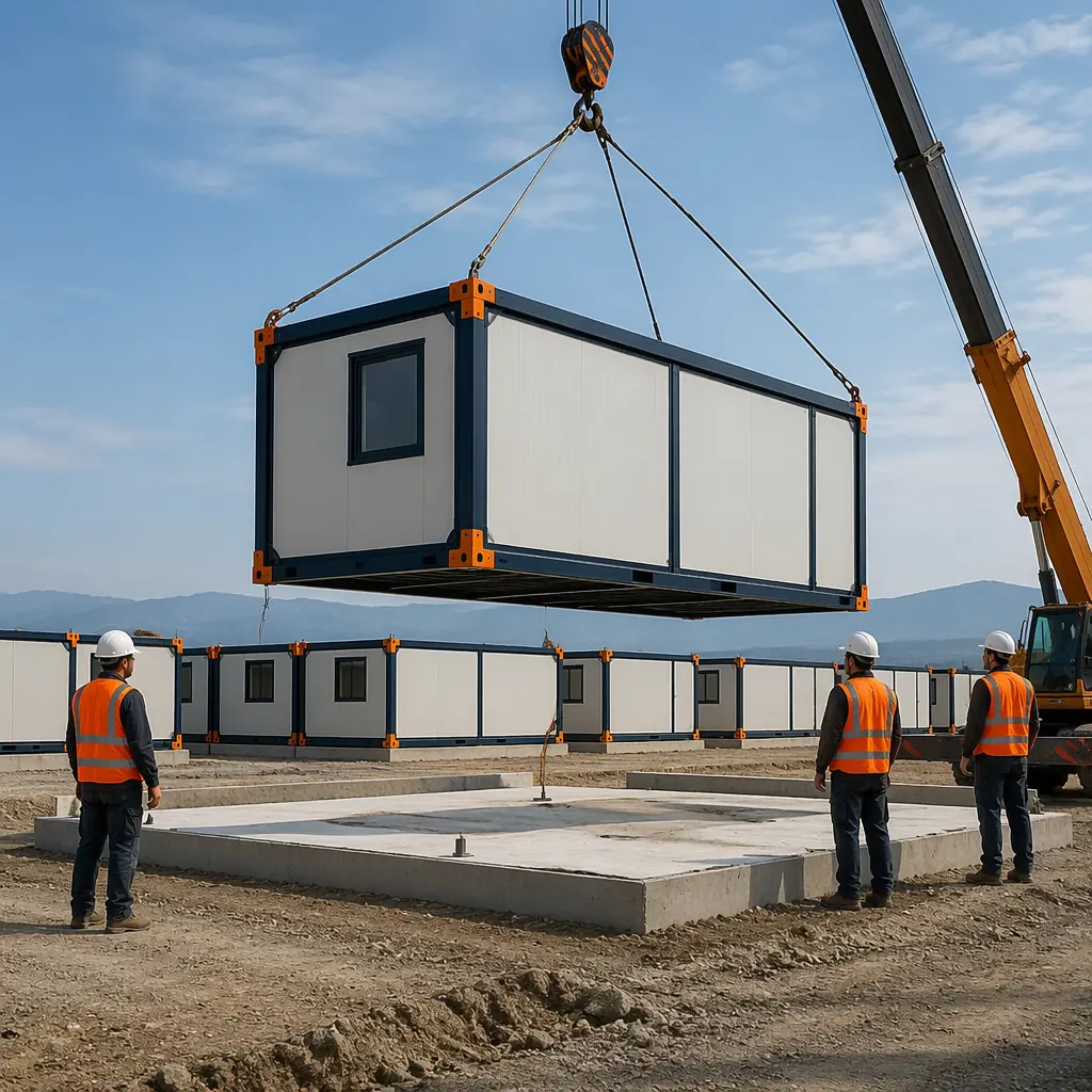 Modular prefabricated emergency shelter being positioned by crane onto prepared foundation at temporary housing site, steel frame visible, rapid deployment context