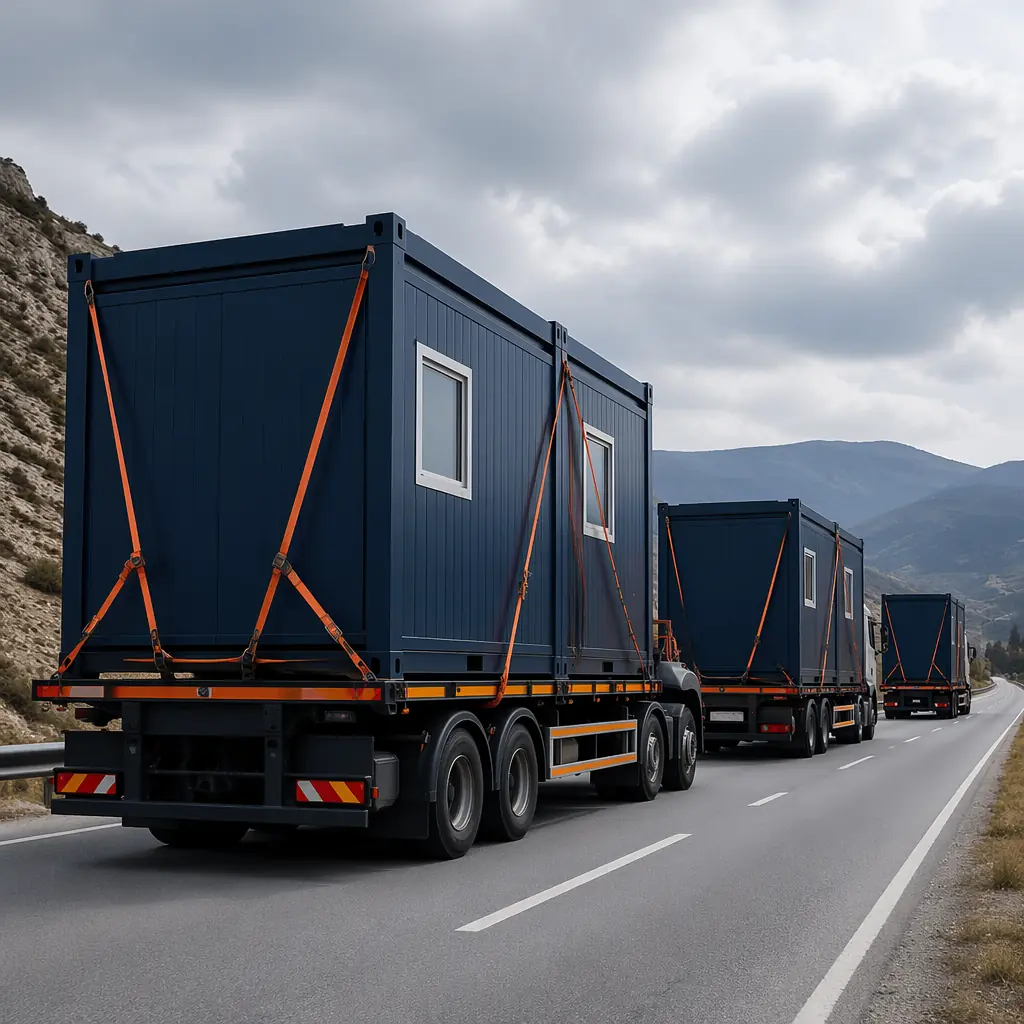 Flatbed trucks transporting modular prefabricated emergency housing units on highway, shipping-container-sized modules secured on trailers, logistics delivery convoy