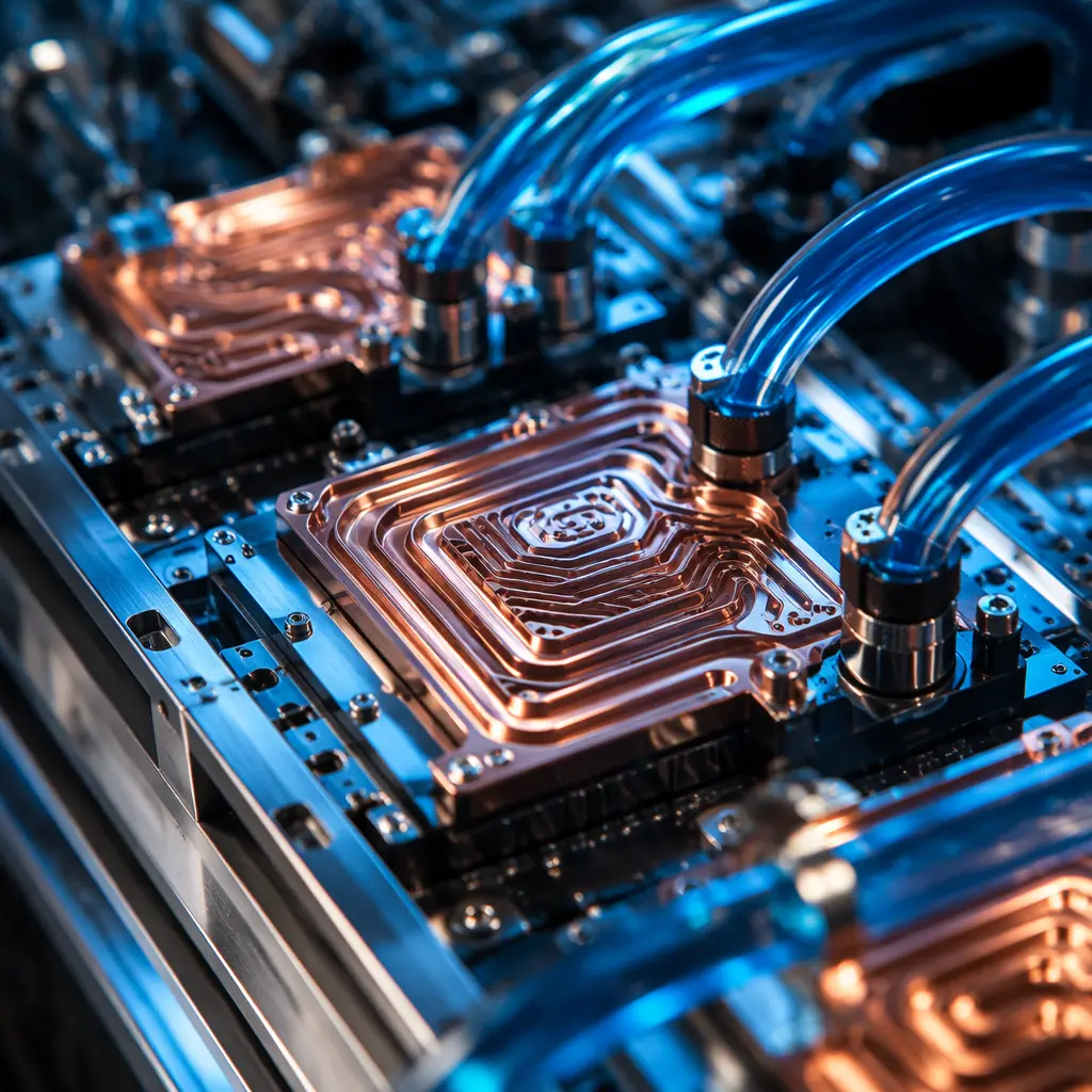 Close-up macro photo of liquid cooling cold plates on server rack inside edge data center module, copper cold plate with quick-connect fittings, blue coolant tubing, polished metal surfaces reflecting factory lighting, technical micro shot