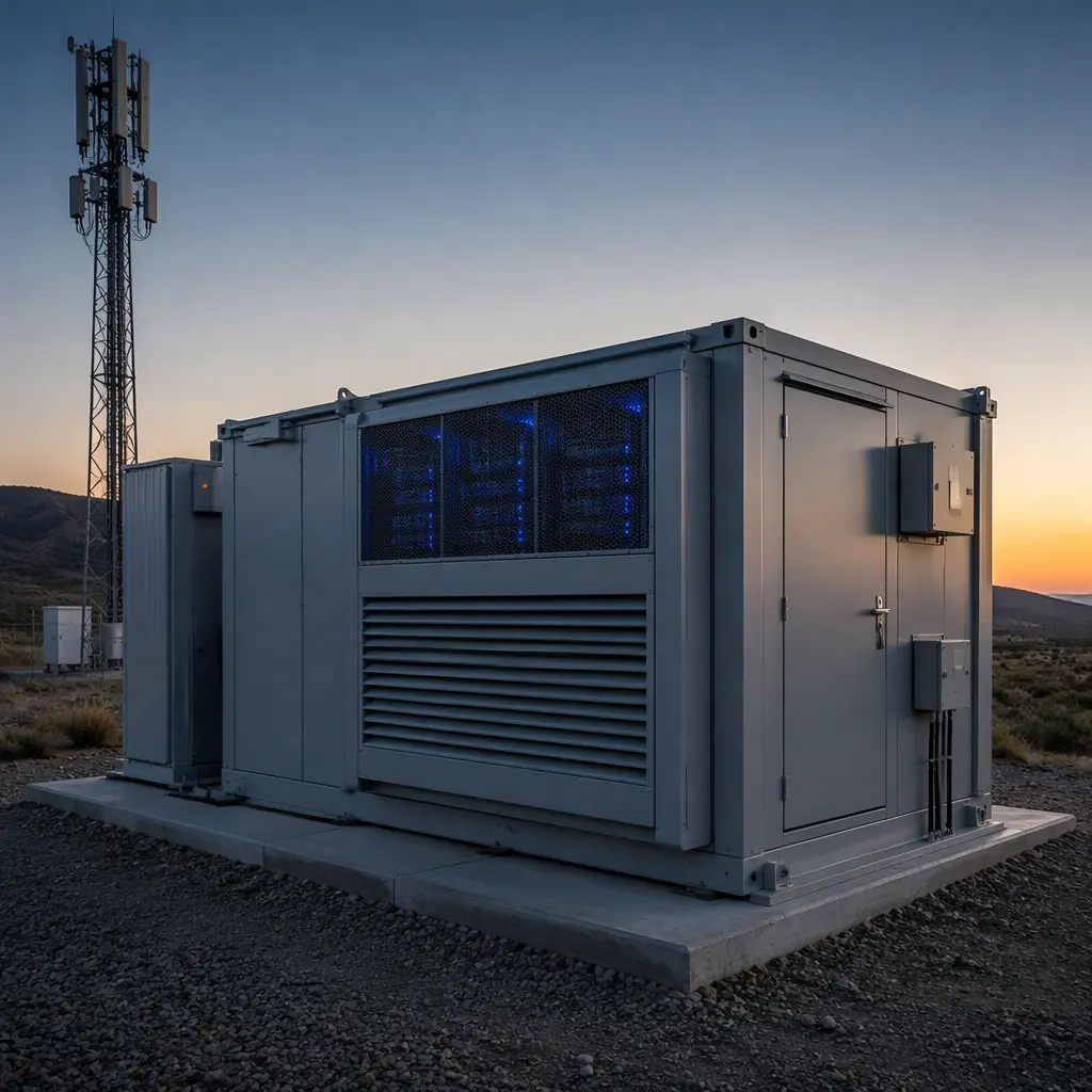Modular edge data center unit being positioned at a telecom site, compact prefabricated steel enclosure with cooling louvers and cable entry points, clean industrial finish, dusk setting with network equipment lights visible through ventilation grille