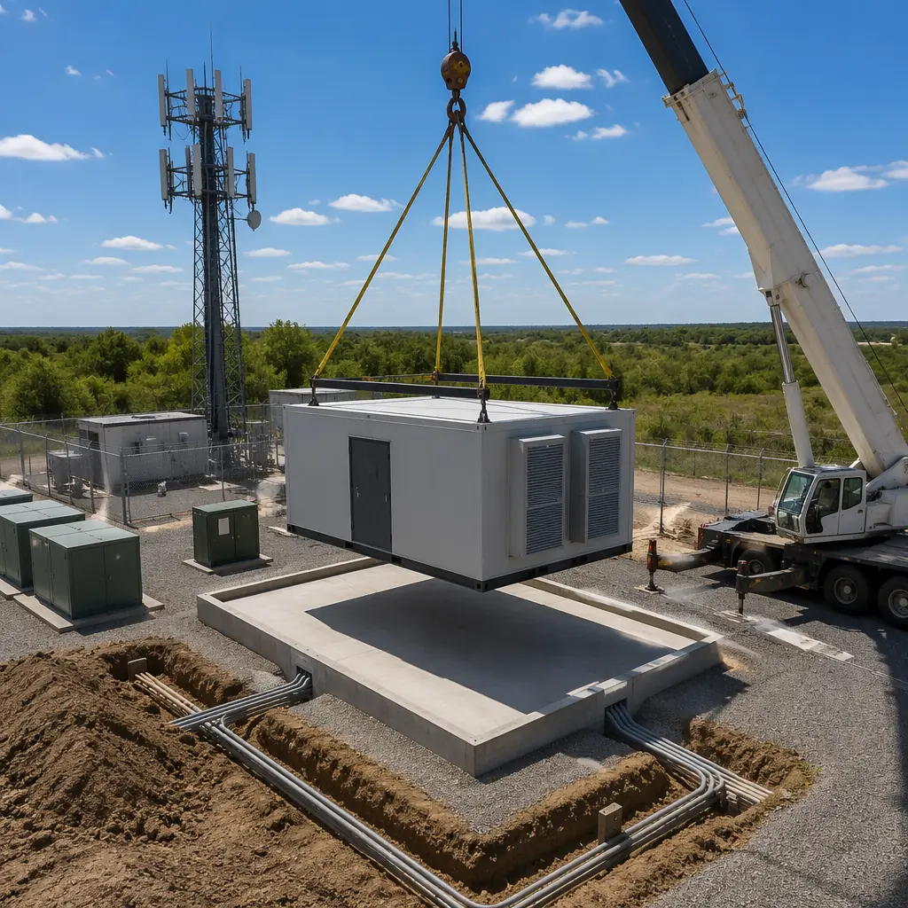 Aerial view of modular edge data center installation, crane lowering prefabricated unit onto prepared concrete pad at cell tower compound, surrounding telecom infrastructure visible, clear sky, utility conduits pre-installed, efficient industrial deployment scene