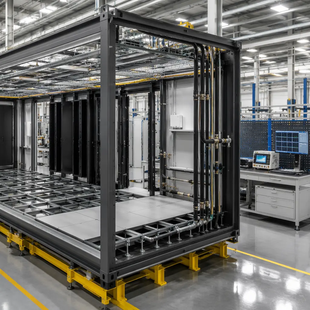 Edge data center module in factory assembly, steel frame with integrated cable management trays and cooling pipe headers, raised floor framework visible, workers in safety gear performing QC inspection, bright factory lighting