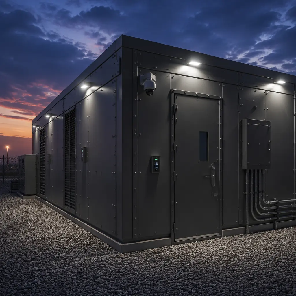 Steel enclosure exterior of modular edge data center at dusk, integrated security camera and access control panel visible, hardened door with tamper-resistant hinges, perimeter LED lighting, gravel site pad with utility connections, industrial security aesthetic