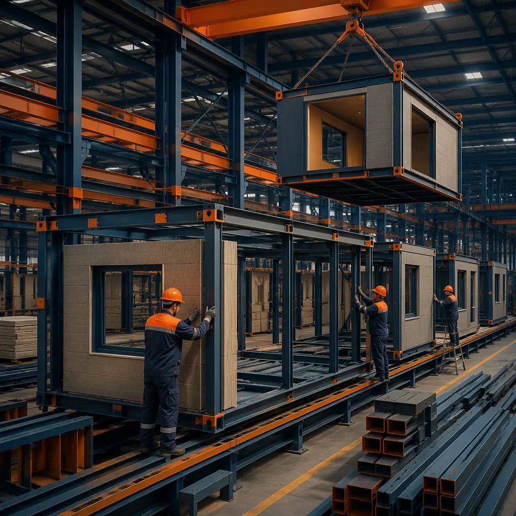 Factory assembly of modular building unit with steel frame, crane overhead moving completed module, steel columns and beams with optimized cross-sections visible, factory workers installing wall panels, prefabricated modules on assembly line