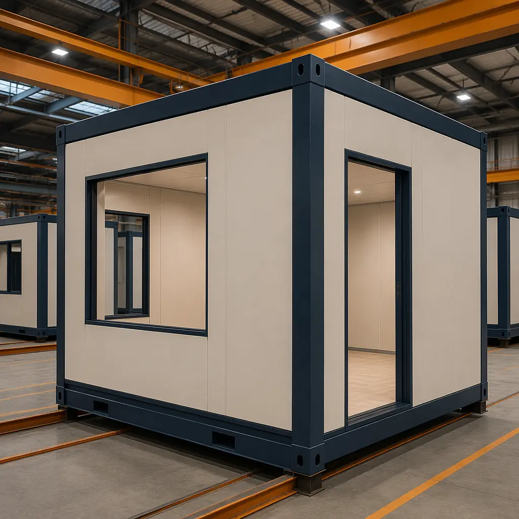 Completed modular building module in factory with precision-cut steel frame, mineral wool insulation fitted between studs, gypsum board installed with clean joints, module ready for quality inspection before shipping, factory floor with completed modules in background