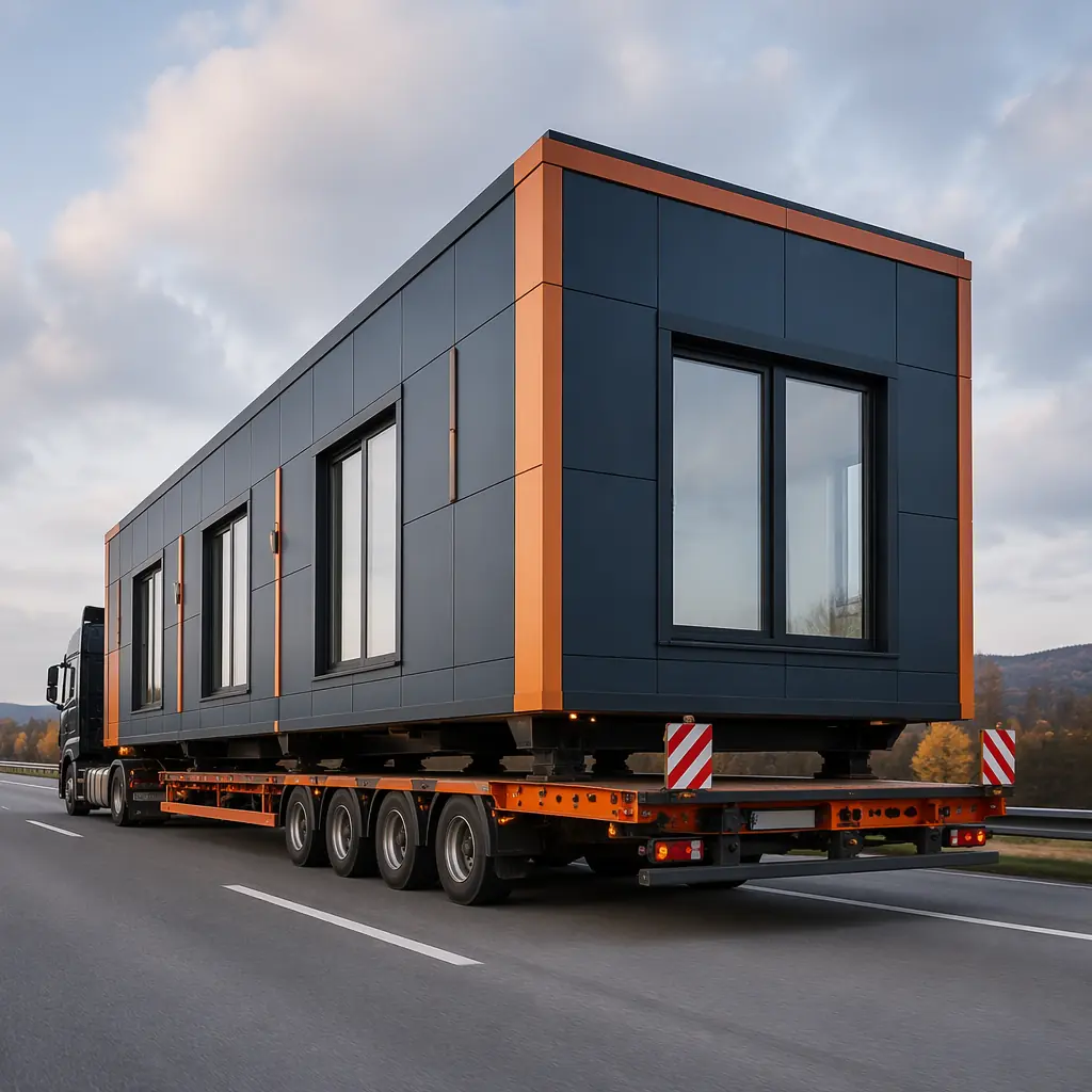 Flatbed truck transporting completed modular building unit on highway, module with steel frame and completed exterior cladding, clean modern prefab building module, transport logistics for modular construction, factory-assembled module ready for site delivery