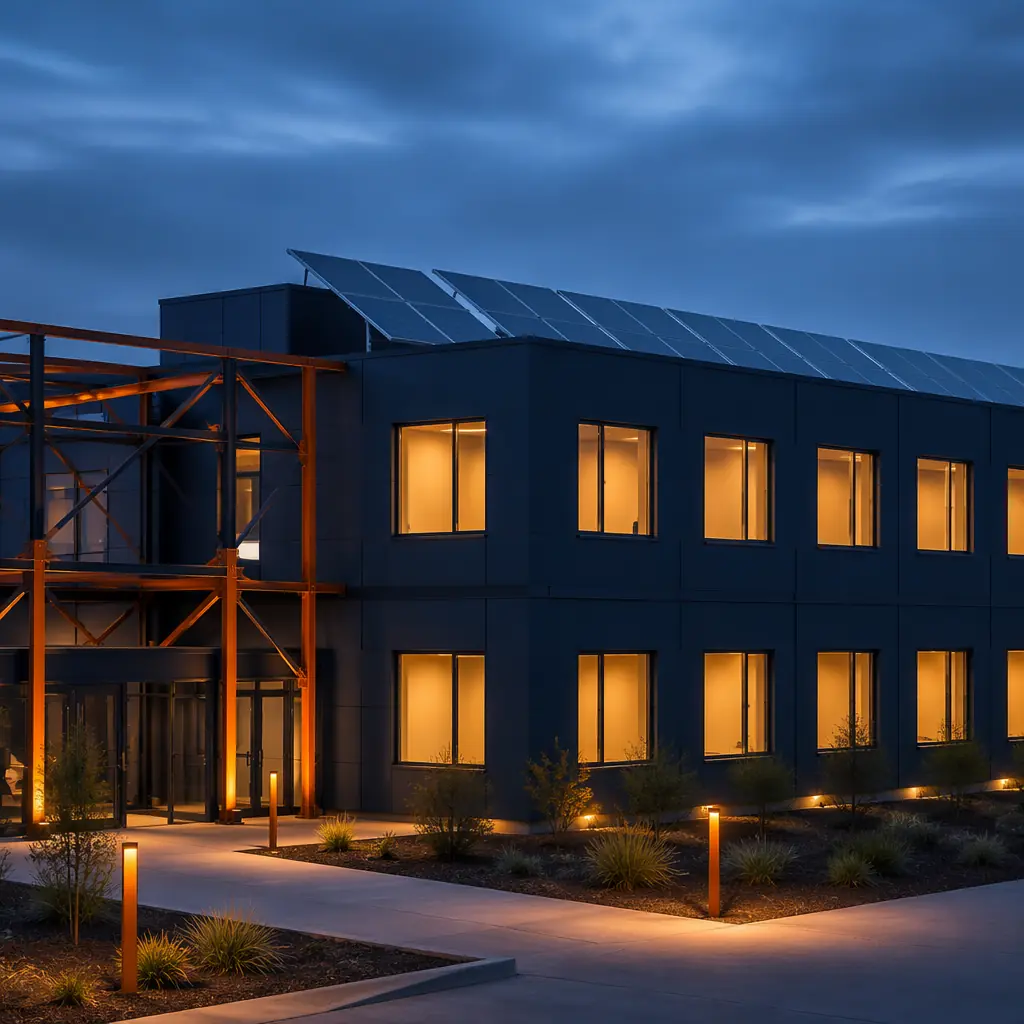 Modern modular building at dusk with warm interior lighting visible through windows, clean geometric facade with grid pattern reflecting modular units, solar panels integrated into roof, sustainable prefabricated construction, dark navy and steel orange color details, professional architectural photography