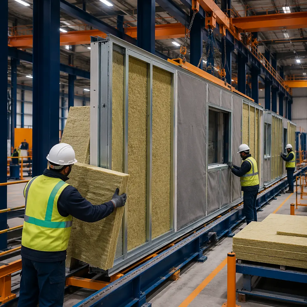 Factory assembly of insulated modular wall panel, continuous insulation layers being installed in controlled factory environment, steel frame structure with thermal break details visible, workers installing rigid insulation panels, industrial modular construction setting