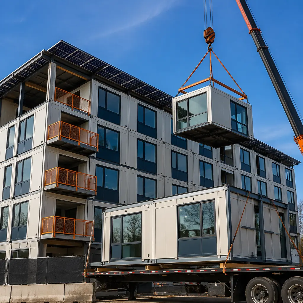 Energy-efficient modular building exterior with solar panel array on roof, clean geometric facade reflecting modular unit grid pattern, modern architectural design with dark navy accents and warm steel orange details, steel frame structure visible, prefabricated construction