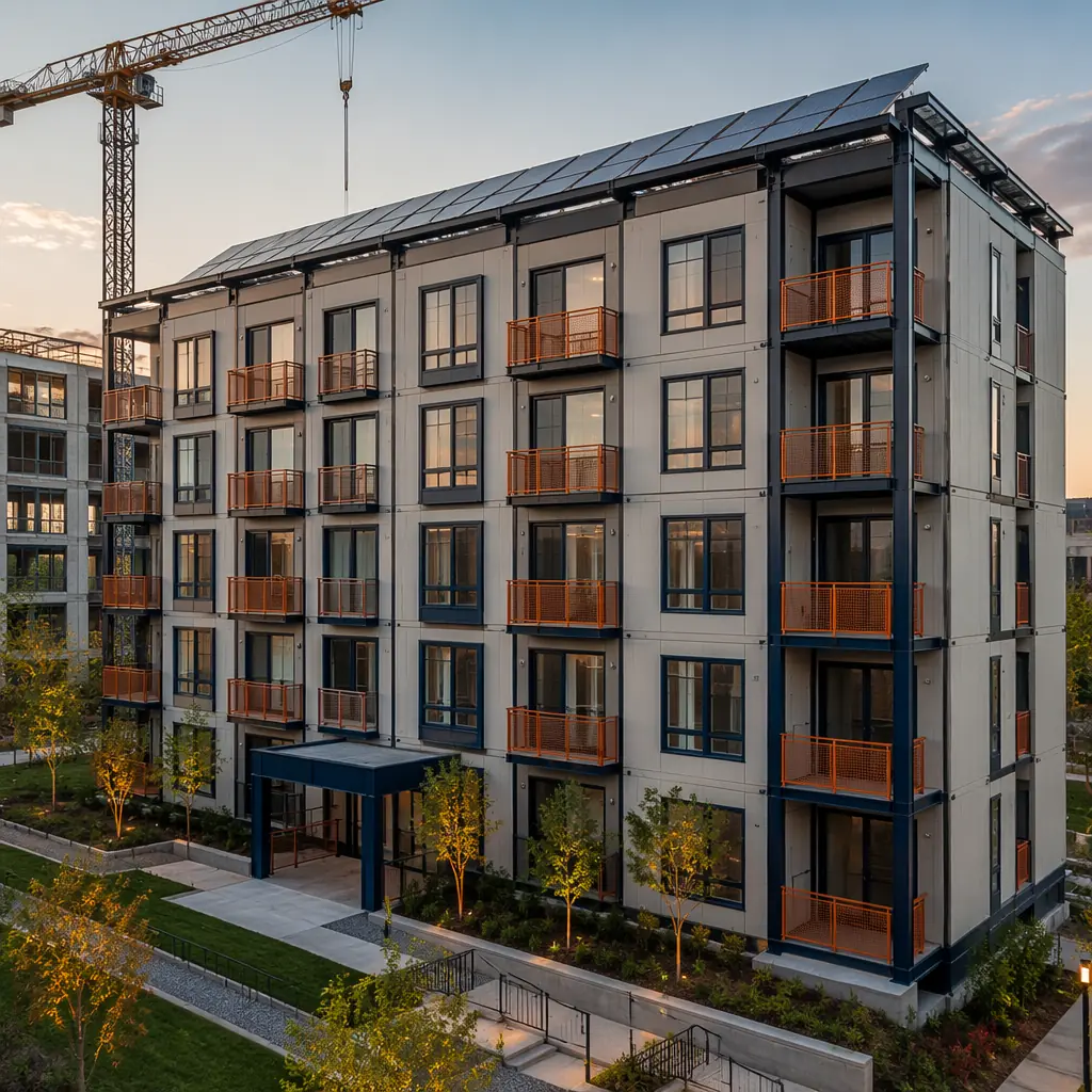 Multi-story modular apartment building exterior with visible module seams forming geometric grid pattern, solar panels on roof, clean modern facade with dark navy accent elements, prefabricated modular construction units stacked and connected, steel frame structure visible at corners