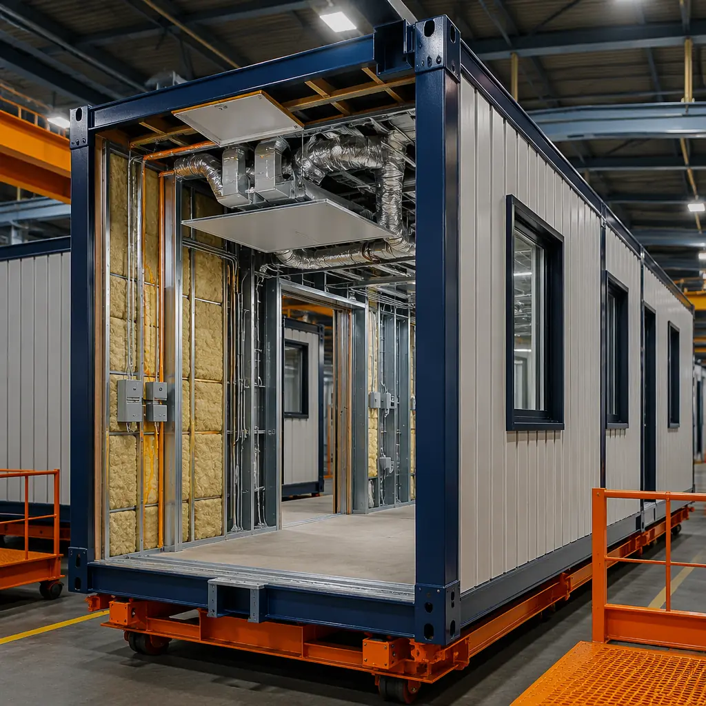 Completed modular building unit on factory floor with HVAC ductwork visible through open ceiling access, mechanical systems integrated into module, prefabricated modular construction, steel frame and insulation layers visible, factory assembly environment