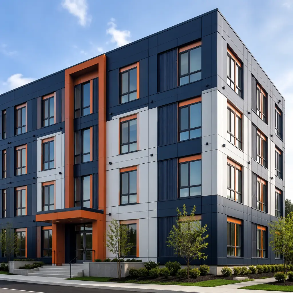 Completed modern modular prefabricated multi-story building exterior with visible module grid pattern and clean geometric facade, factory-installed wall panels and cladding, steel frame construction with continuous insulation and weather barriers, professional architectural photography showing precision assembly, dark navy architectural accents with warm steel orange details, modules demonstrating factory-built envelope quality
