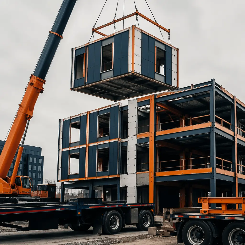 Modular prefabricated building exterior with visible module seams and clean geometric facade grid pattern, steel frame construction with wall panels and cladding factory-installed, crane lifting completed module unit with envelope assembly visible, modern architectural design with dark navy structural elements and warm steel orange accents, construction site showing module placement