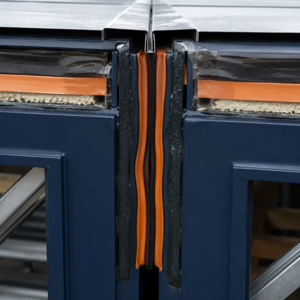 Close-up detail of modular prefabricated building module-to-module joint, factory-installed EPDM gasket compression seal visible between two steel frame modules, secondary sealant bead applied at exterior face, metal flashing cap installed over joint, weatherproofing system showing multi-layer redundant barrier at critical connection point, dark navy steel frame edges with warm steel orange gasket material