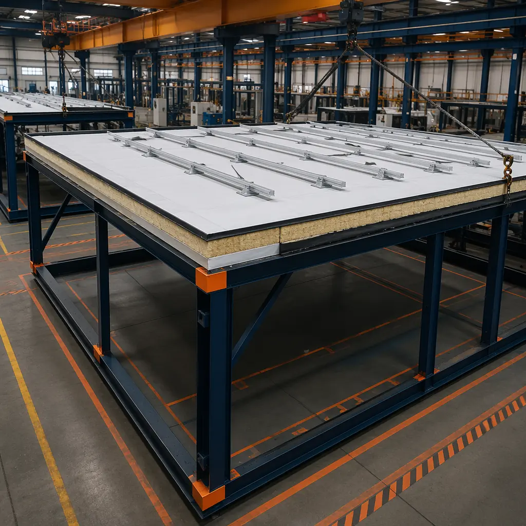 Modular prefabricated building roof assembly being installed in factory, steel frame module with flat membrane roofing system, integrated solar panel mounting rails visible on roof surface, factory overhead crane with module in production, roof insulation and waterproofing membrane applied in controlled factory environment, dark navy steel frame components with warm steel orange safety markings