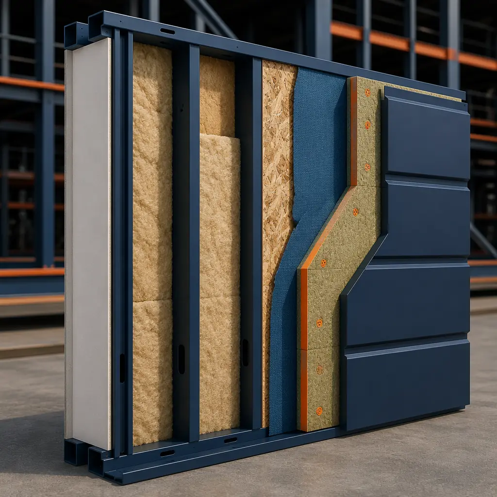 Photorealistic 3D cross-section render of modular prefabricated wall assembly showing steel stud frame with continuous exterior insulation layer, mineral wool cavity insulation visible, weather-resistant barrier membrane and metal panel cladding, structural steel frame components with dark navy accents, factory-built wall panel with all layers integrated as single assembly