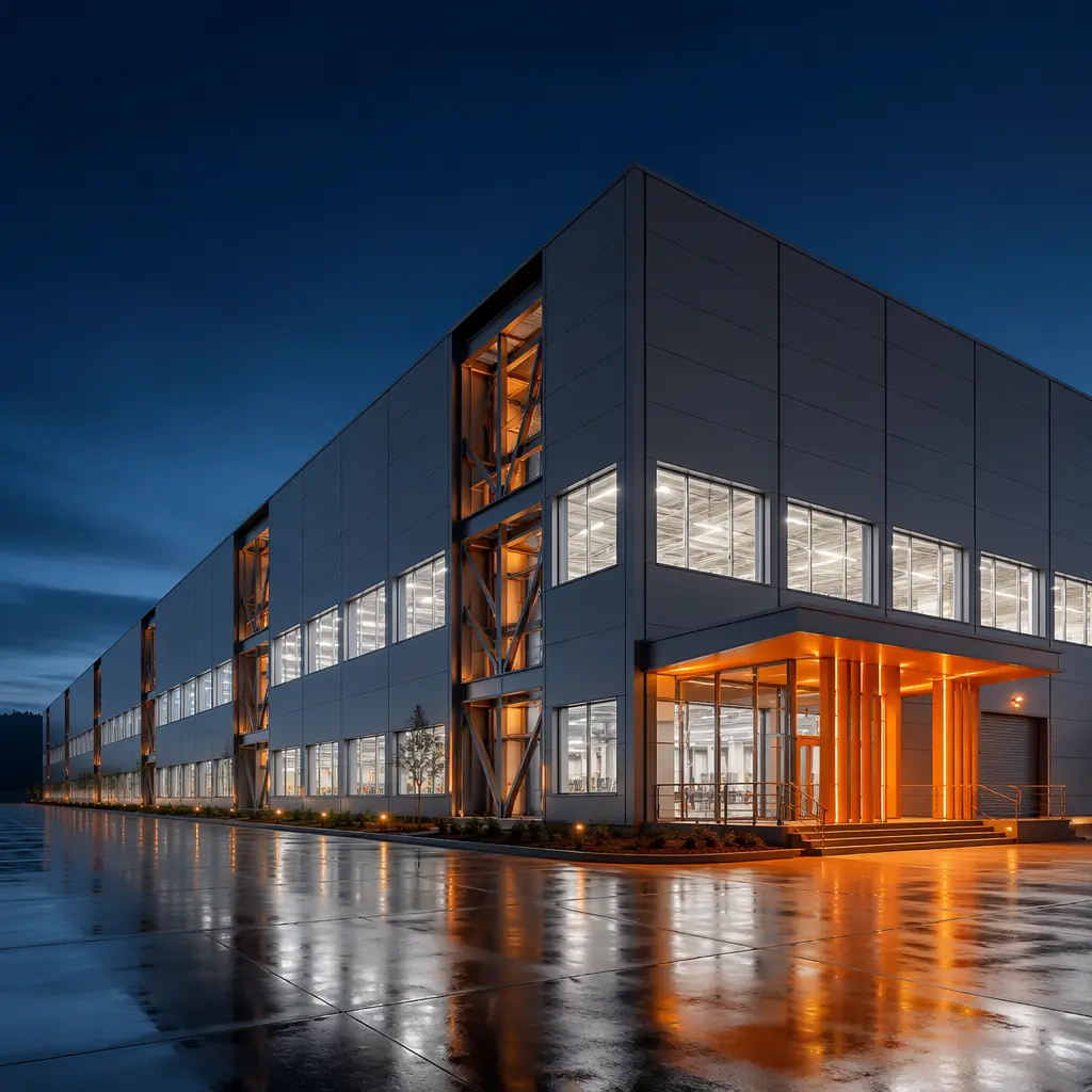 Completed modular gigafactory production floor at dusk, exterior view showing illuminated factory building with modular construction grid pattern visible on facade, process equipment exhaust stacks with vapor plumes, material receiving docks with truck loading bays, clean geometric industrial architecture, dark navy building panels with steel orange accent bands at module joints, professional architectural photograph at golden hour lighting, modern battery manufacturing campus