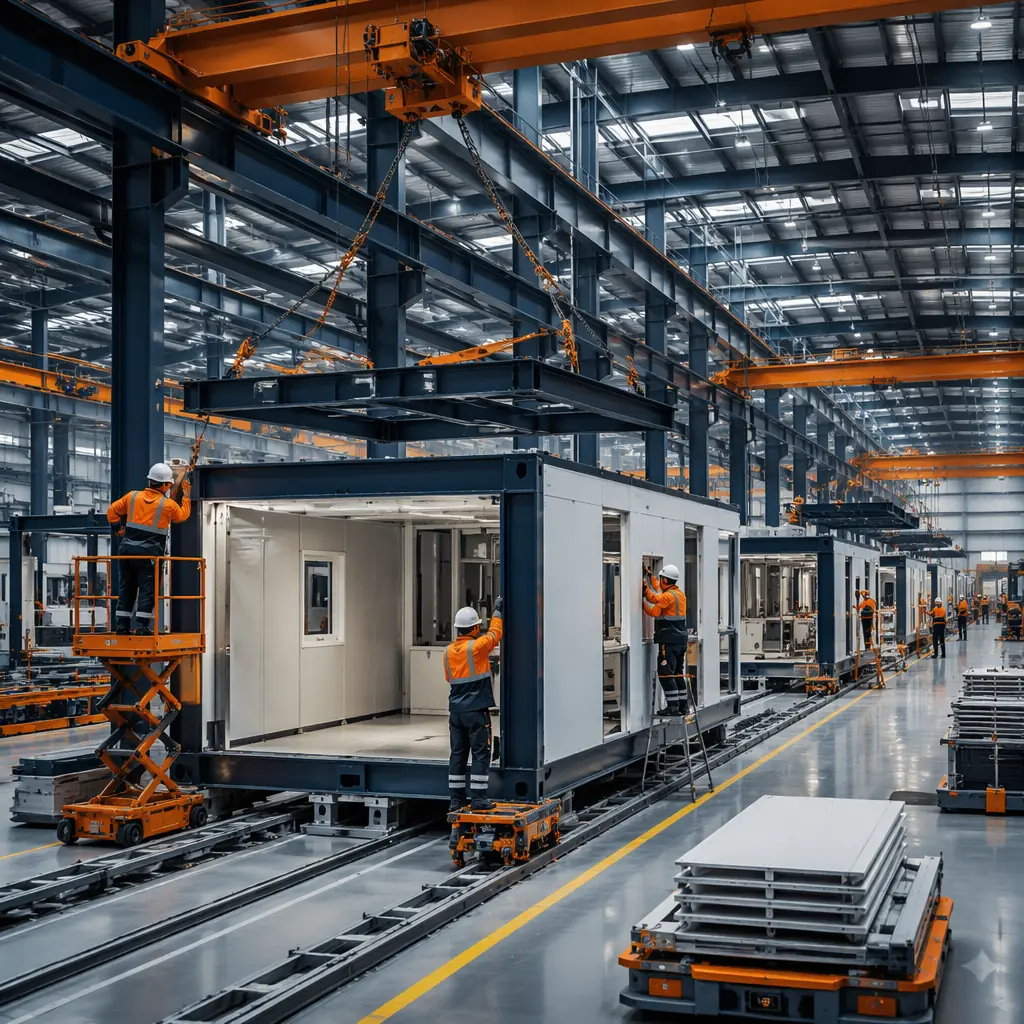 Interior of completed modular gigafactory production floor, electrode coating line with copper foil running through slot-die coater, clean room environment with FFU ceiling grid and LED lighting, operators in clean room suits at control stations, process piping runs along ceiling with labeled N2/argon/DI water headers, floor-mounted equipment with vibration isolation pads, pristine manufacturing environment, dark navy equipment frames, steel orange safety zones marked on floor
