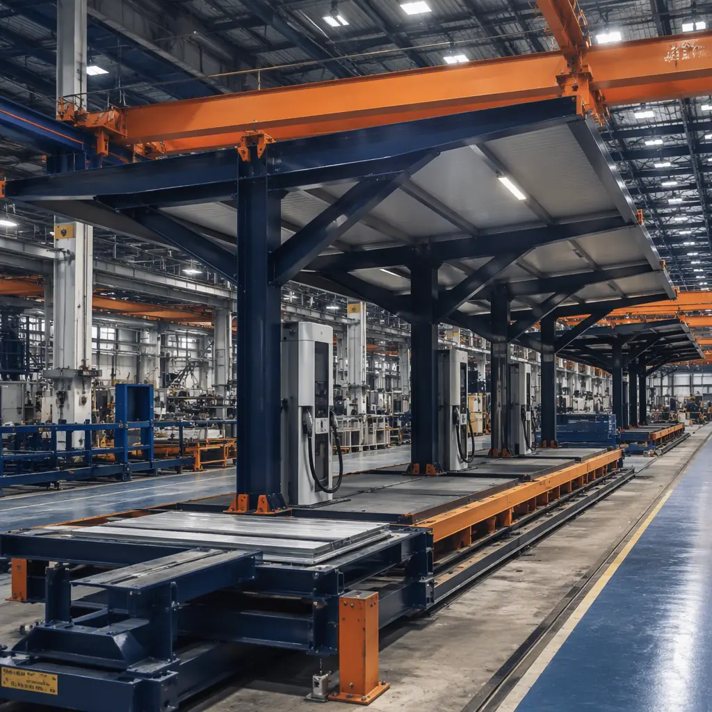 Factory floor of modular construction facility assembling steel frame charging canopy modules for electric vehicle fleet depot, large clear-span steel trusses being fabricated, canopy modules with integrated cable trays and lighting conduit, workers installing pre-assembled roof panels, overhead crane positioning completed canopy section, factory assembly line with multiple canopy modules in production, quality control inspection of welded connections, industrial manufacturing environment