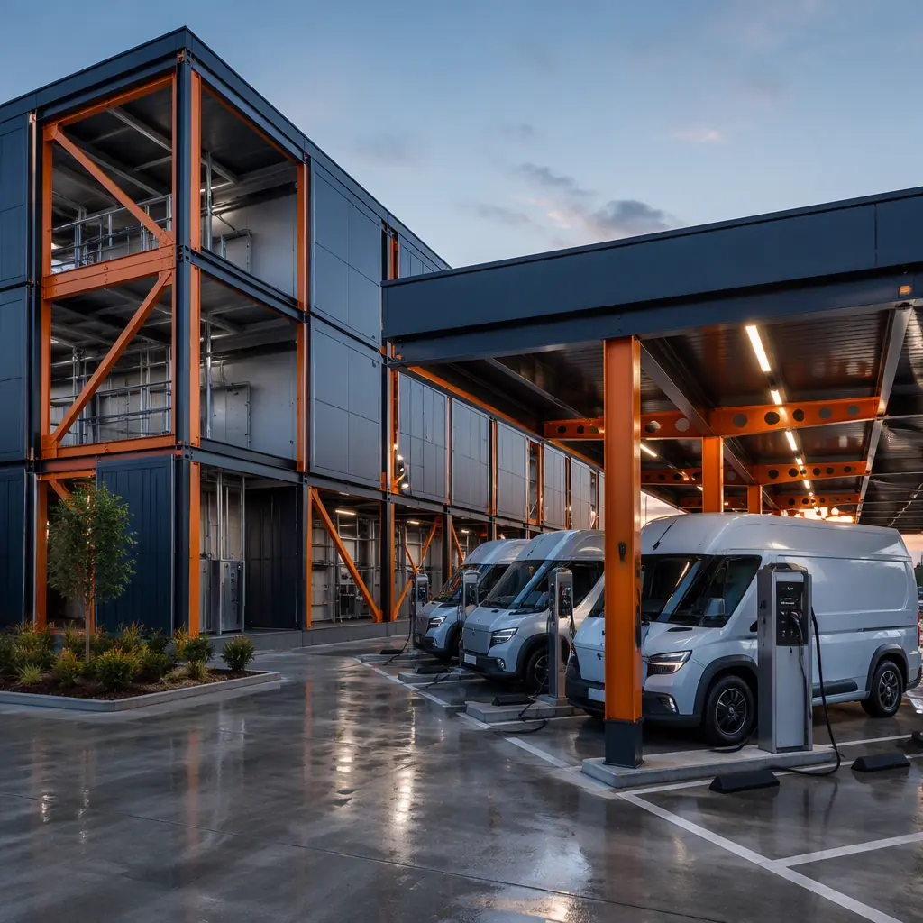 Modular prefabricated electric vehicle fleet charging depot, steel frame charging canopies with solar panel roof, electric delivery vans and box trucks charging at designated bays, transformer substation and battery storage container units visible, clean geometric lines, grid pattern reflecting modular construction units, module seams visible on building structures, modern industrial fleet facility, dark navy structural elements with warm steel orange architectural accents, dusk lighting with charging indicator lights
