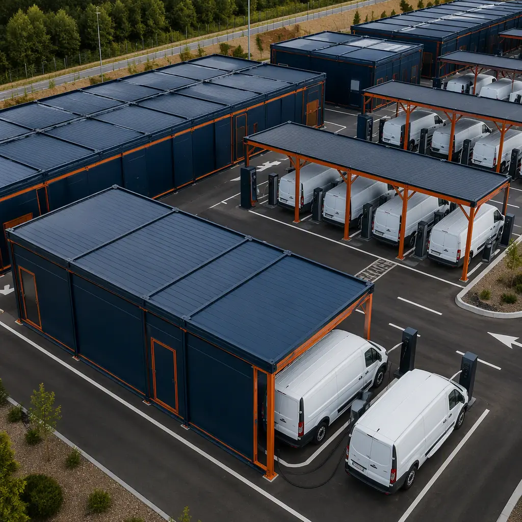Aerial perspective of completed modular electric vehicle fleet charging depot, rows of electric delivery vans charging under steel frame canopy structures, transformer substation and battery storage container units at facility perimeter, maintenance building with service bays visible, driver amenity building, secure perimeter fencing with gate access, solar panels on canopy roofs, module seams visible on building structures, clean geometric industrial layout, organized vehicle circulation lanes, dusk ambient lighting showing charging activity