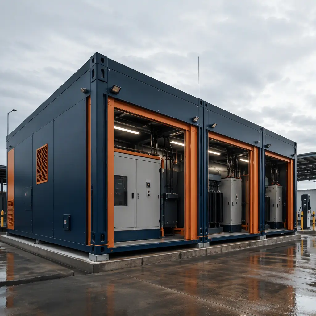 Factory-completed modular medium-voltage switchgear building for electric vehicle fleet charging depot, steel-framed enclosure with electrical equipment visible through open panels, switchgear cabinets installed and bus duct connected, cable terminations completed, protection relays with indicator lights, climate-controlled interior with HVAC unit visible on exterior wall, module on factory floor ready for transport, quality control inspection documentation visible, industrial electrical infrastructure