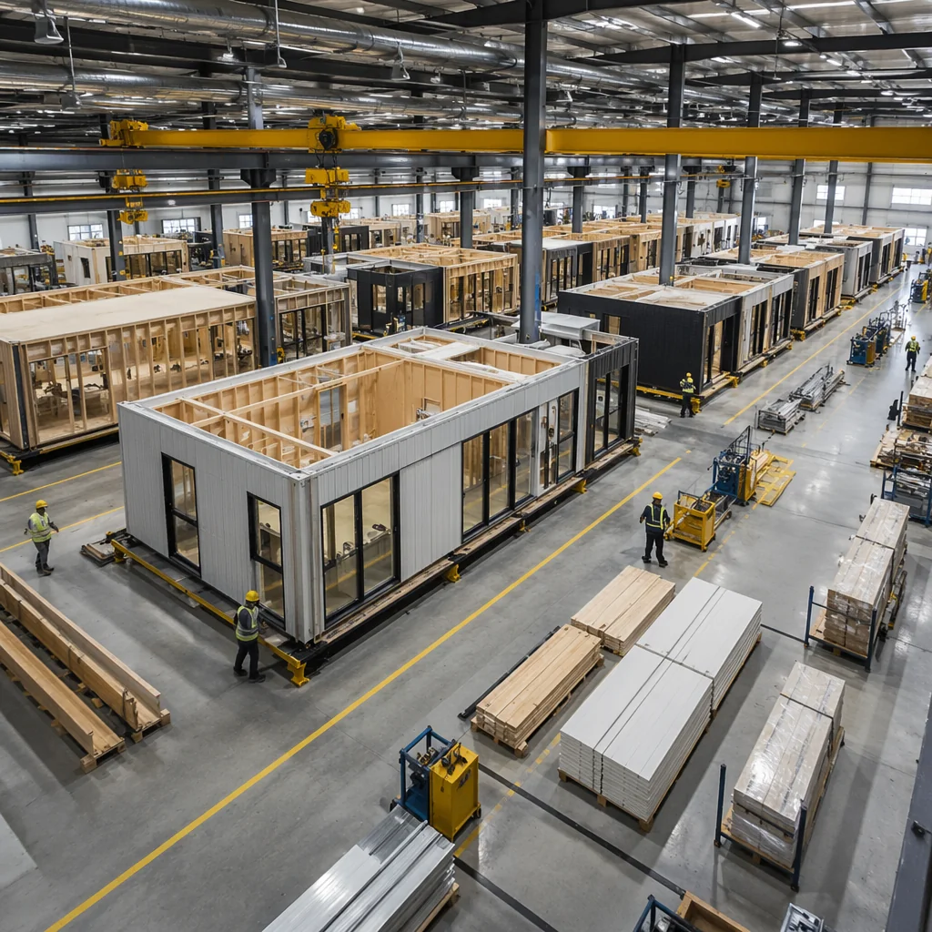 Modular building units on factory production line